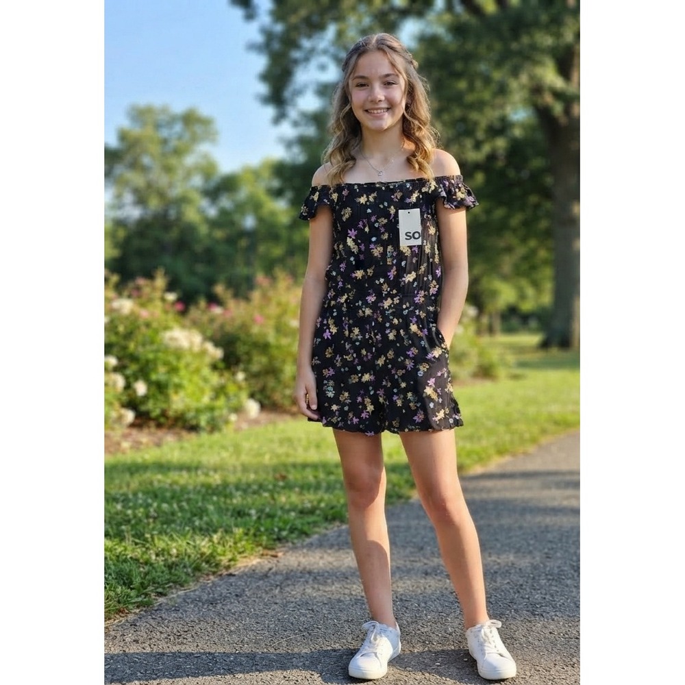 SO Girls XL 14/16 Flutter Sleeve Romper Floral Off The Shoulder DG41Y006RP NWT